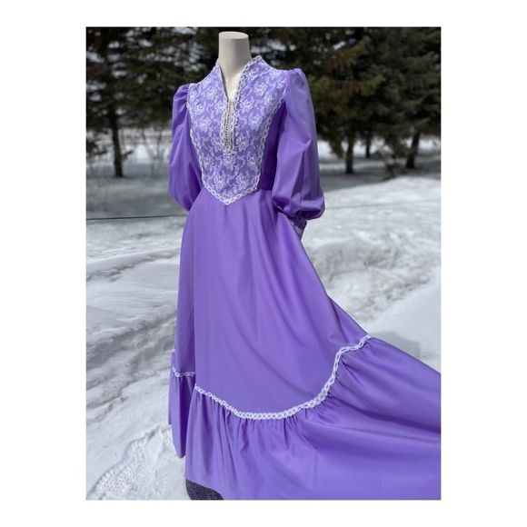 Vintage 70s Prairie Style Maxi Dress Lilac Lace Cottagecore Farmcore M - Picture 12 of 15